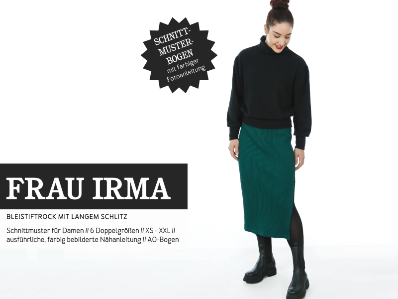 Schnittmuster Frau Irma, schlanker Sweatrock mit Schlitz, studioschnittreif