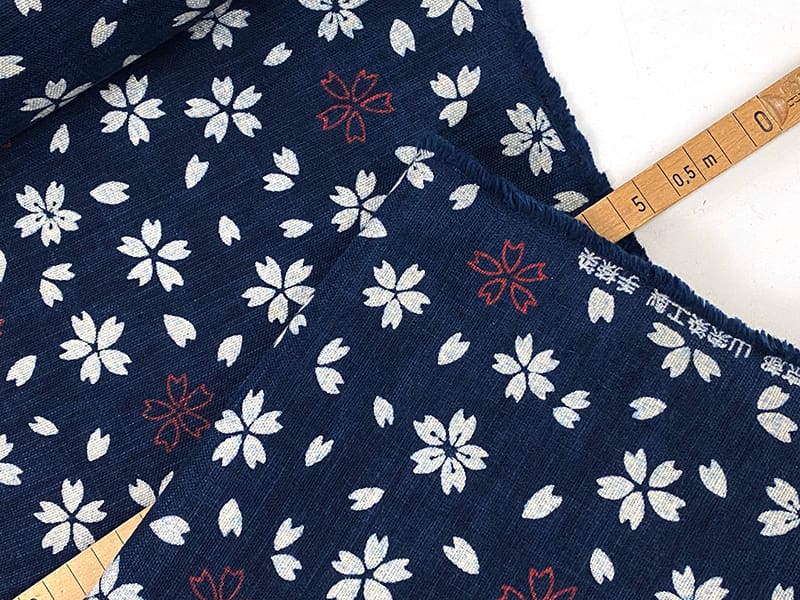 Handbedruckte Baumwolle Floral Indigo Ecru Rot, Japan