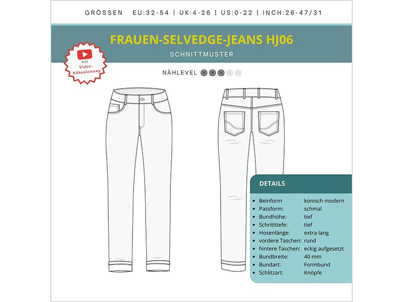 SmartPattern "Frauen Selvedge Jeans HJ06", Papierschnittmuster – Bild 2