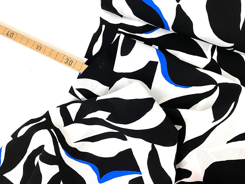 Viskosewebstoff Floral Abstract, Schwarz Weiß Blau, Ecovero