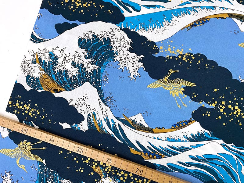 Welle vor Kanagawa Goldmetallic, Baumwollstoff Cosmo Japan, Blau