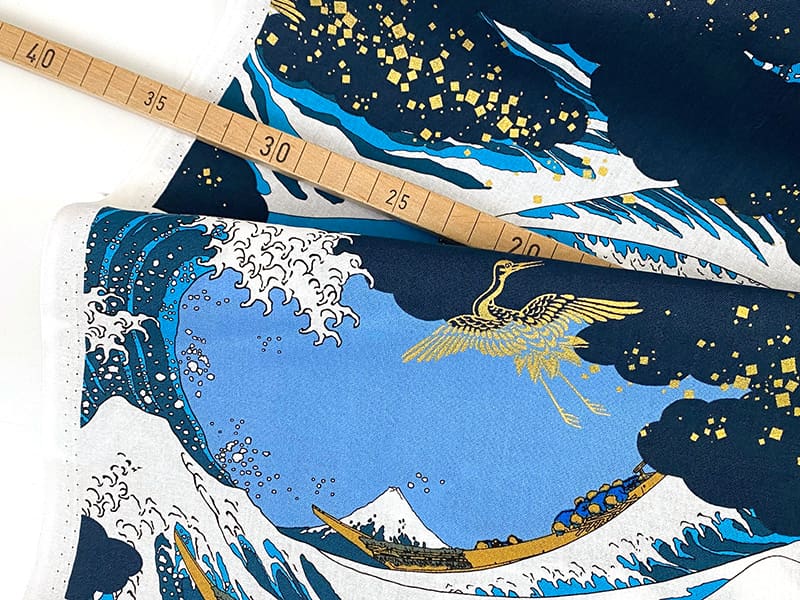 Welle vor Kanagawa Goldmetallic, Baumwollstoff Cosmo Japan, Blau – Bild 3
