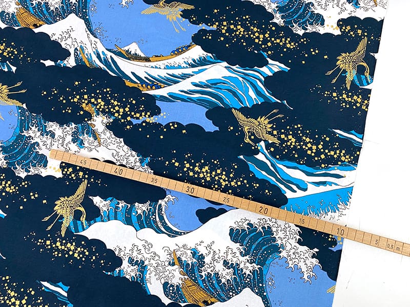 Welle vor Kanagawa Goldmetallic, Baumwollstoff Cosmo Japan, Blau – Bild 2