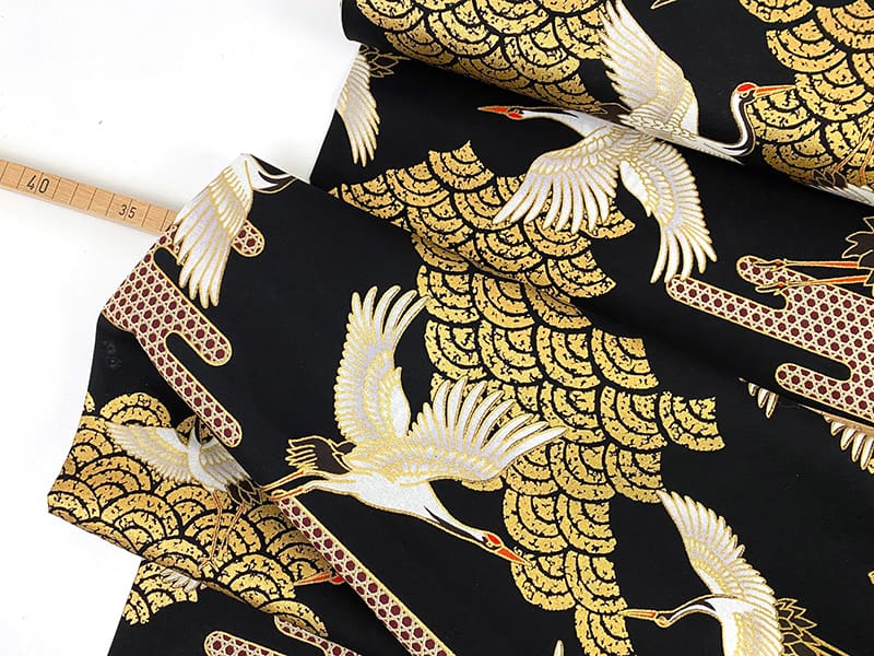 Kraniche Goldmetallic, Baumwollstoff Cosmo Japan, Schwarz – Bild 2