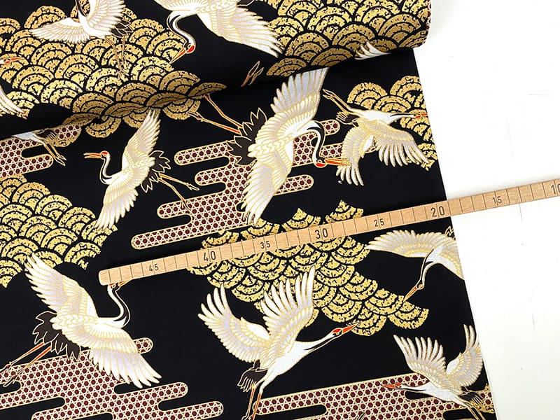 Kraniche Goldmetallic, Baumwollstoff Cosmo Japan, Schwarz