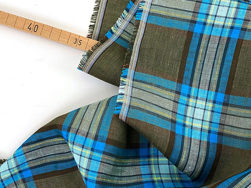 Designerleftover Italienisches Leinen, Check Oliv Türkis